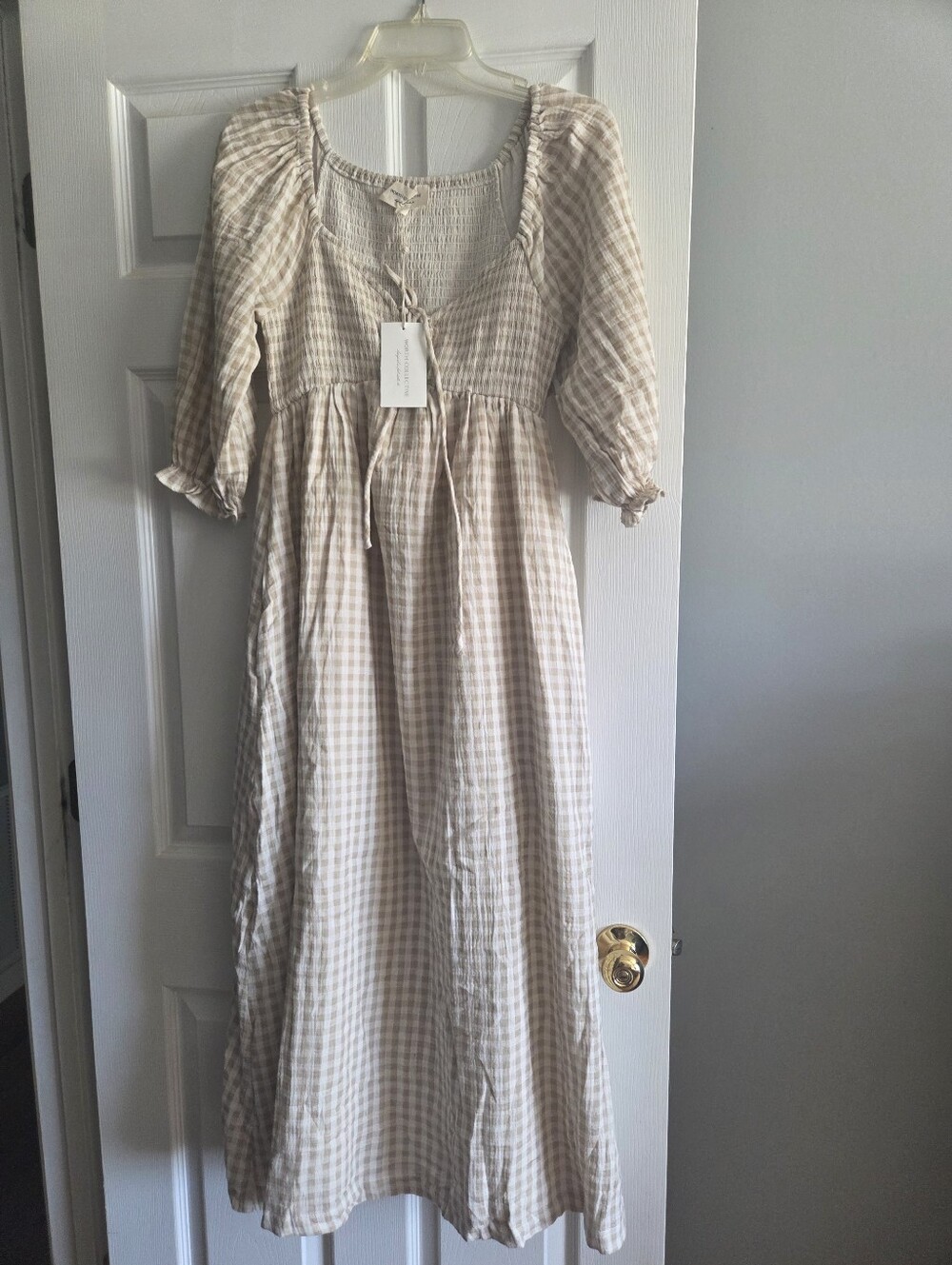 Light Beige Gingham Maxi Dress with Smocked Bodice